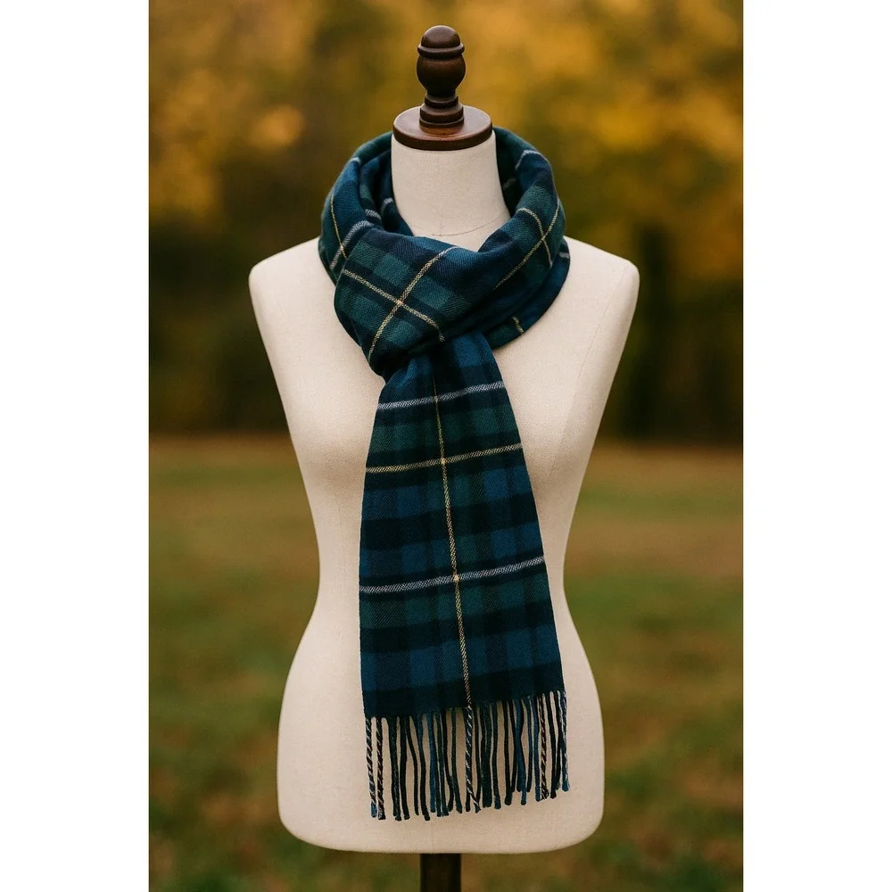 Blue‎ Green Plaid Tartan Scarf Fringe Soft Acrylic 62x12 Ladies One Size Preppy